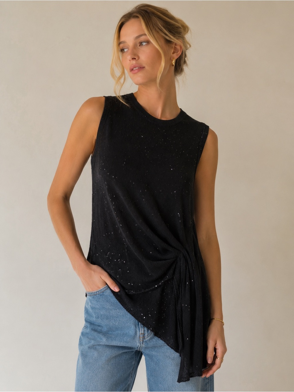 Brunello Cucinelli Black Sequin Asymmetrical Drape Knit Tunic Top XL